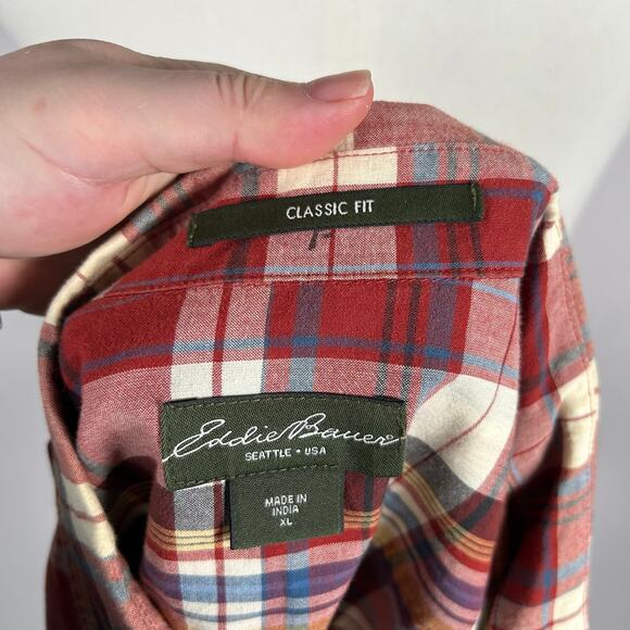 Eddie Bauer Mens Red Blue Plaid Short Sleeve Button Down Shirt XL Classic Casual - Picture 4 of 4